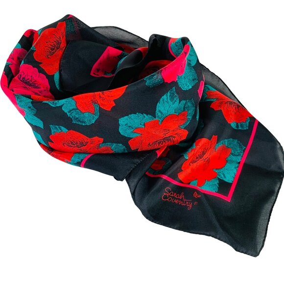 Sarah Coventry Floral Scarf Roses Print VTG 80s Womens Square Fashion Signed - Picture 1 of 10